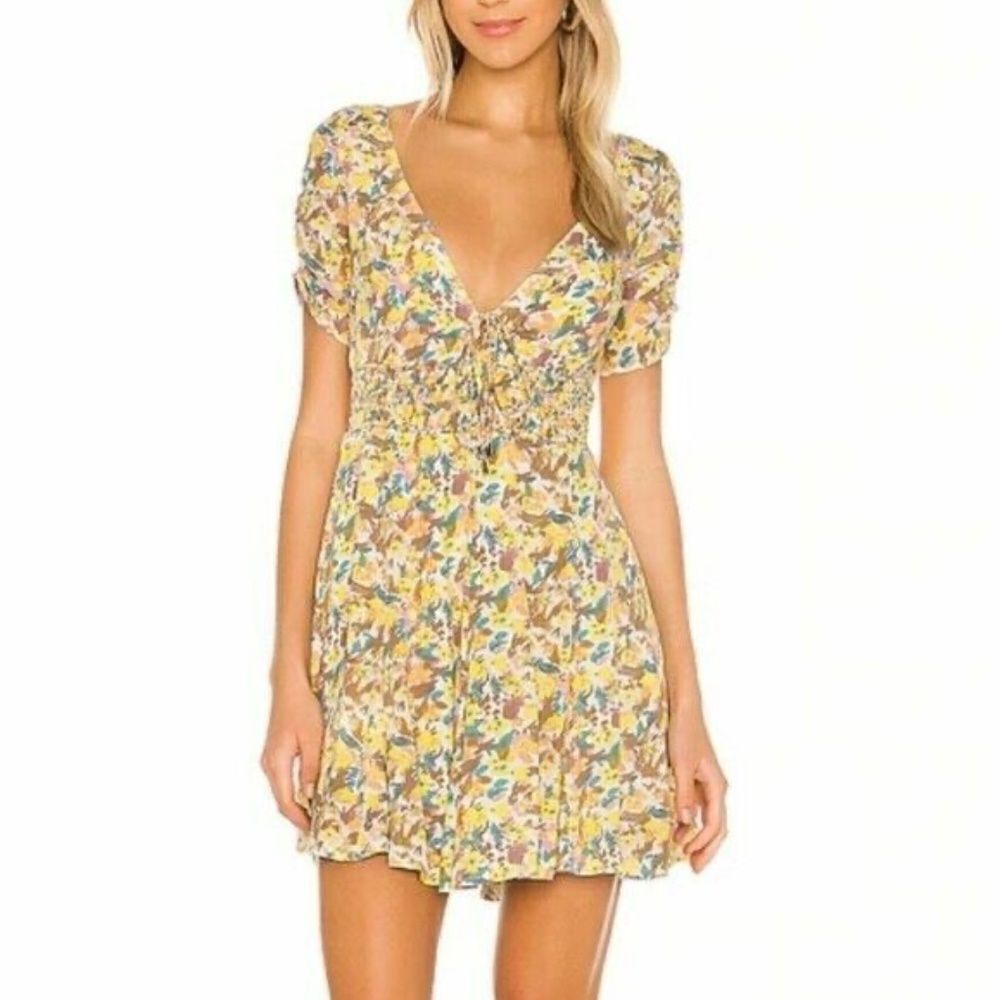 Yellow Floral Free People Dress - Short Sleeve Ruffle with Tie - Size 0